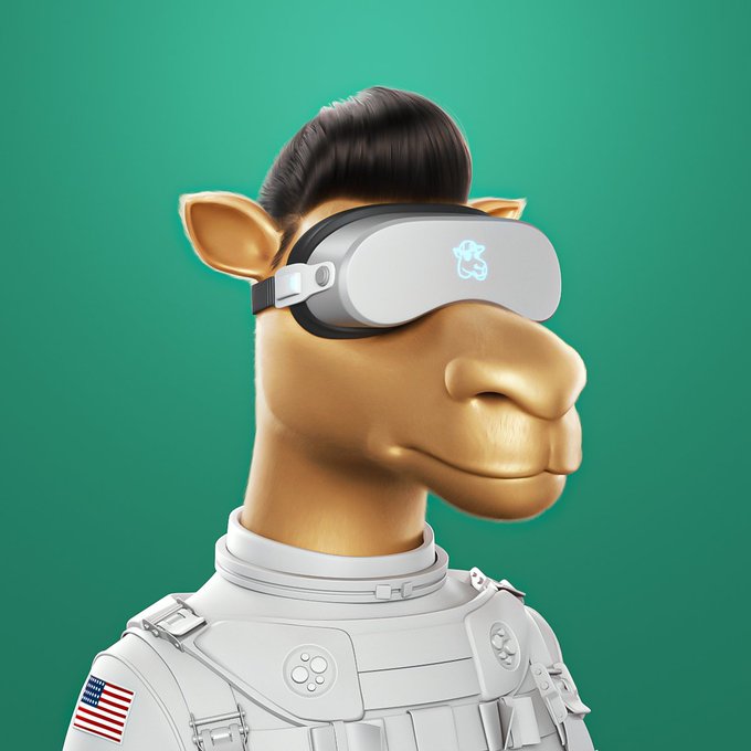 A 3D-rendered anthropomorphic camel wearing a white astronaut suit with an American flag patch and a VR headset featuring a bull logo.