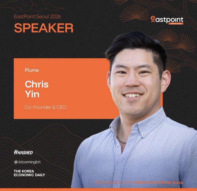 A promotional speaker card for 'EastPoint Seoul 2026' featuring Chris Yin, Co-Founder & CEO of Plume, smiling in a light blue patterned shirt against a dark background with orange accents.