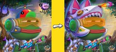 A split image showing a transformation or comparison between two versions of a cartoon character, a green and red monster-like creature on the left and a similar purple one on the right, with a yellow arrow pointing between them.