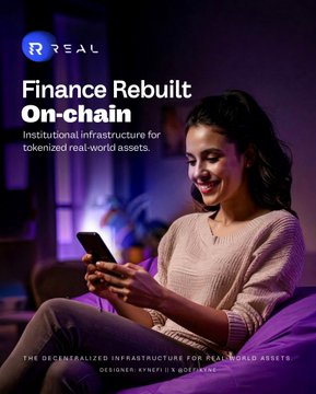 The image features a woman sitting down while using her cell phone. She appears to be smiling, possibly enjoying herself or engaged in an activity on her phone. The background of the image shows a purple couch, which adds a pop of color to the scene. The text "Finance Rebuilding On-chain" is prominently displayed at the top and bottom of the image, indicating that this could be related to cryptocurrency or blockchain technology.