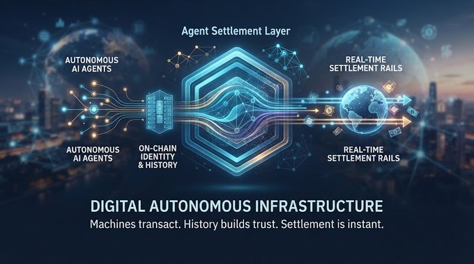 A promotional graphic titled "Agent Settlement Layer" and "DIGITAL AUTONOMOUS INFRASTRUCTURE" with the tagline "Machines transact. History builds trust. Settlement is instant," showing autonomous AI agents connecting through on-chain identity to real-time settlement rails.