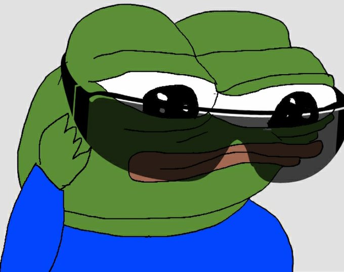 A close-up illustration of Pepe the Frog wearing sunglasses and a blue shirt, looking sideways with a confident expression.