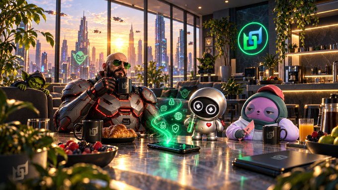 A digital artwork depicting a futuristic cafe where a bearded armored figure, a small robot, and a purple creature sit at a counter with a glowing green holographic display.
