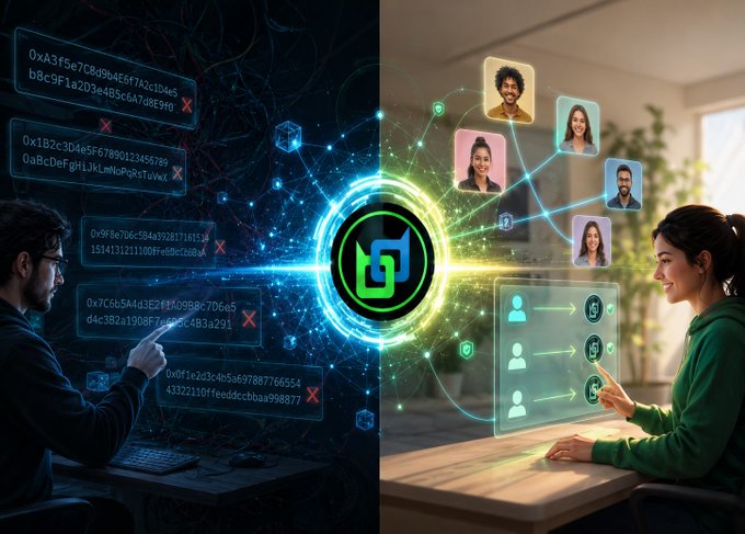 A digital illustration split into two scenes: a man working with code and data on a dark screen on the left, and a woman interacting with a futuristic interface connecting user profiles on the right.