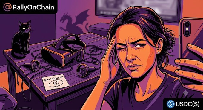 A distressed woman removes a VR headset, rubbing her temple in pain while a black cat watches from a nearby table, accompanied by the text "@RallyOnChain" and "USDC($)." The illustration visually echoes the post's message about the headache of virtual simulation and the need to transition from content with no value to real, tangible influence rewarded through RallyOnChain.