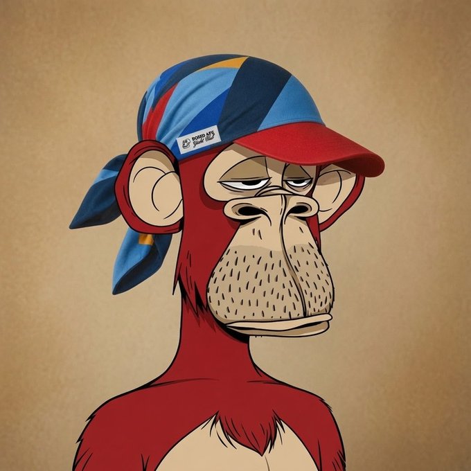 A digital illustration of a bored-looking red monkey/ape character wearing a colorful baseball cap with a Bitcoin logo, set against a tan textured background.