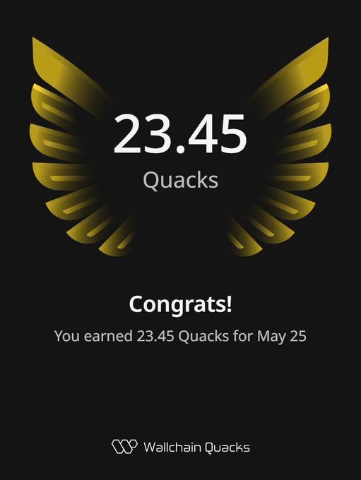 The image features a poster with an illustration of a bird's wing design, accompanied by text that reads "congrats! You earned 23.45 Quacks for May 25". The poster also includes a message about the importance of being mindful when using mobile devices.