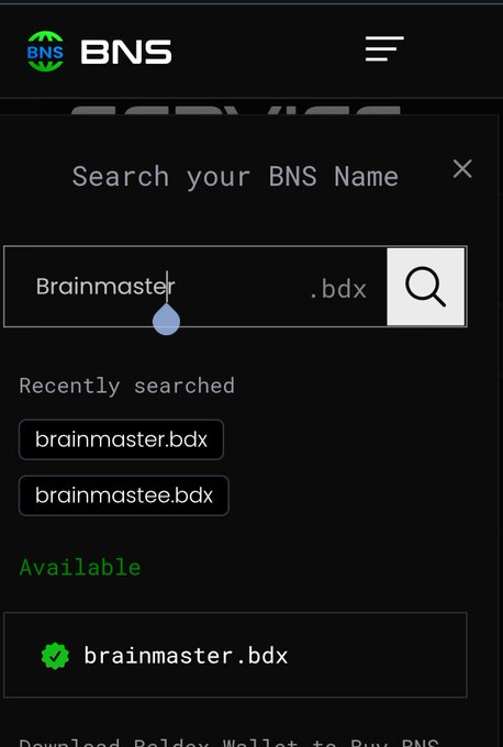 The image shows the BNS (Beldex Name Service) search interface where "Brainmaster" is being typed in the search bar, with "brainmaster.bdx" marked as available for registration alongside recent searches. The screenshot illustrates the post's point about BNS providing human-readable names as an alternative to long wallet addresses, demonstrating how users can search for and claim simple .bdx names for use across Beldex's ecosystem.