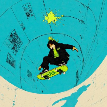 A skateboarder rides inside a halfpipe with a green paint splash above, visually capturing the theme of "always buying higher." No visible text or tickers appear in the image, but the bold, dynamic style complements the post's reference to $Cashcat and $DIH memecoins.