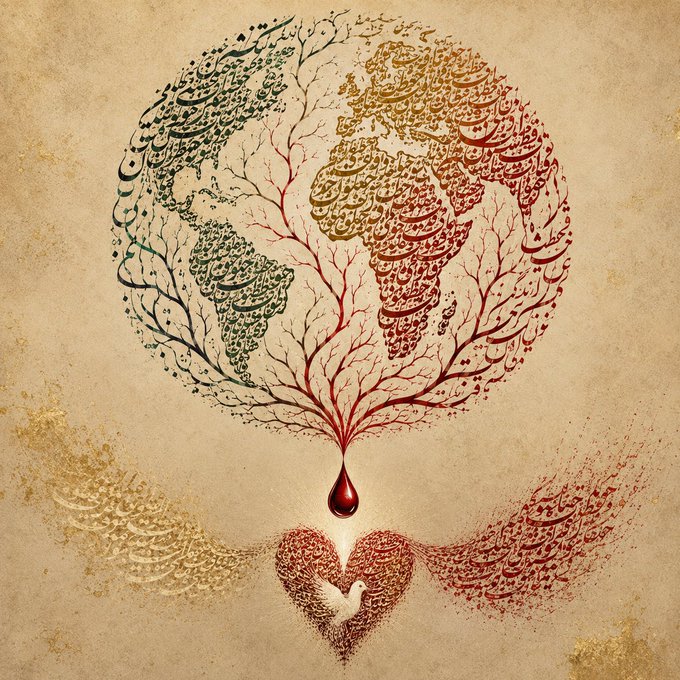 An intricate piece of Arabic calligraphy art arranged in the shape of a world map with tree-like branches, a red blood drop below, and a dove forming a heart shape at the bottom, all on a parchment-style background.