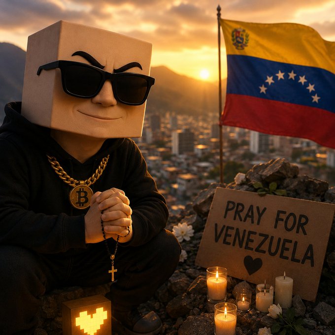 A "Blocky" figure wearing sunglasses and a Bitcoin chain kneels in prayer beside a Venezuelan flag and a "PRAY FOR VENEZUELA" sign surrounded by candles at sunset, embodying the post's message of solidarity beyond crypto markets.