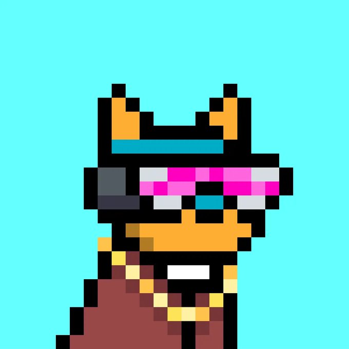 A pixel art illustration of a character wearing a horned helmet, pink visor goggles, and a brown robe with a gold chain, set against a turquoise background.