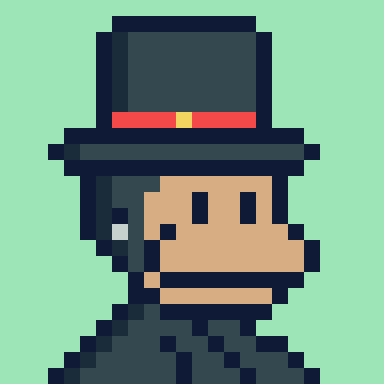 A pixel art monkey wearing a black top hat with a red band, fitting the post's celebration of getting "back in the green" on a BTC position by acquiring a MonkeDAO NFT to pair with a solBOOGLE.