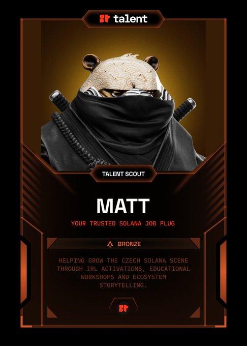 The image features an advertisement for a talent scout named Matt, who is looking for new talent to plug into the @solana ecosystem. The poster includes a photo of Matt dressed as a panda bear with a black mask and goggles, standing against a brown background. The text on the poster states that Matt has been chosen as a talent scout at @SuperteamTalent and encourages people to apply by filling out the provided form.