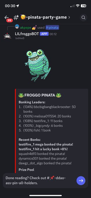 The image shows a social media post from someone named Lil Frogpina, who has posted about their experience at a party with other Donkeys. The post includes a description of the party and a photo of a frog character that they encountered during the event. The caption on the post reads "Focus on what is in the image and how it relates to the post #Algorand $DDAO $BONK $ALGO".