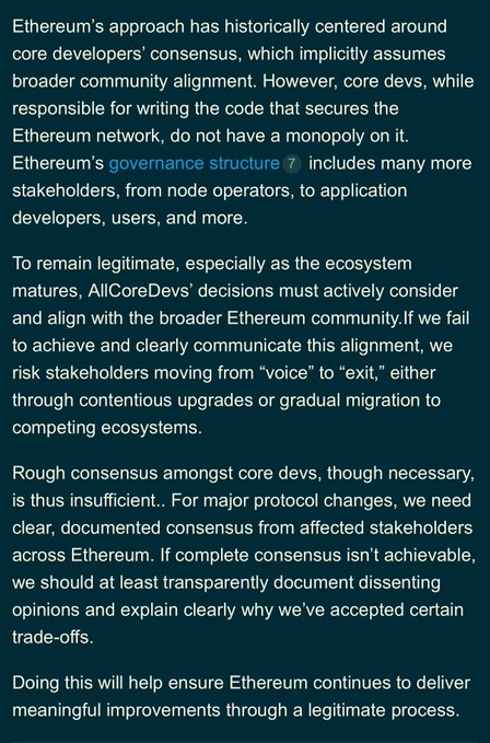 A screenshot of a 2025 blog post excerpt discussing Ethereum's governance structure, explaining that core developers' "rough consensus" alone is insufficient for major protocol changes and must be supplemented with documented consensus from broader stakeholders—including node operators, application developers, and users—to maintain legitimacy and prevent stakeholder "exit."