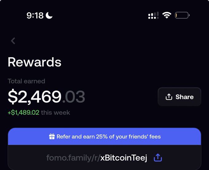 A mobile app screenshot displaying a 'Rewards' page with 'Total earned' of $2,469.03 and a weekly gain of +$1,489.02, along with a referral link 'fomo.family/r/xBitcoinTeej'.