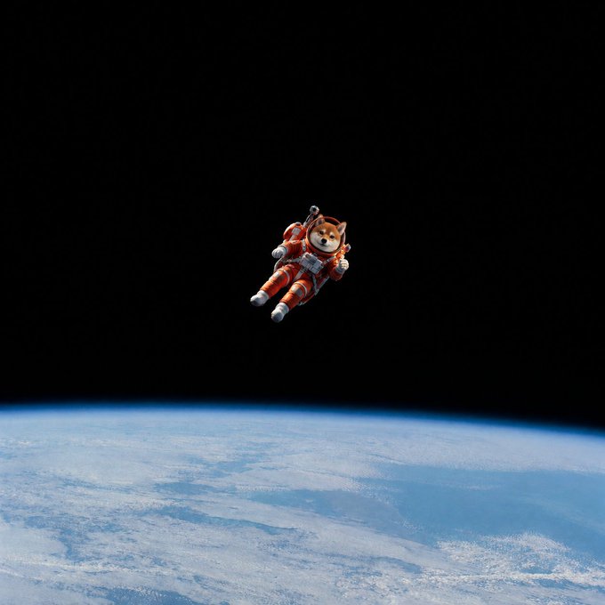 A Shiba Inu dog dressed as an astronaut floats in space above the Earth's horizon against the black void of space.