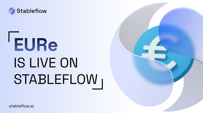 A promotional graphic for Stableflow announcing 'EURe IS LIVE ON STABLEFLOW' with a blue and white abstract 3D logo featuring a Euro (€) symbol and the URL stableflow.ai.