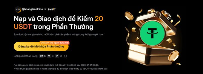 A promotional graphic announces a limited-time Bybit referral campaign offering 20 USDT in rewards, with a countdown showing 2 days, 11 hours, and 31 minutes remaining and a yellow "Đăng ký để Mở khóa Phần Thưởng" (Register to Unlock Rewards) button. The image features the Bybit green logo alongside a gold money bag, supporting the post's call for new members to sign up and claim $20 in cash before the offer ends.