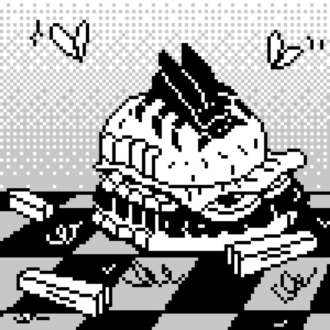 A black and white pixel art image showing a round character with a large grin, sharp teeth, and a pointed hat, surrounded by butterflies.