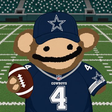 A pixel art illustration of a bear wearing a Dallas Cowboys jersey with the number 4 and a star helmet, holding a football on a stadium field.