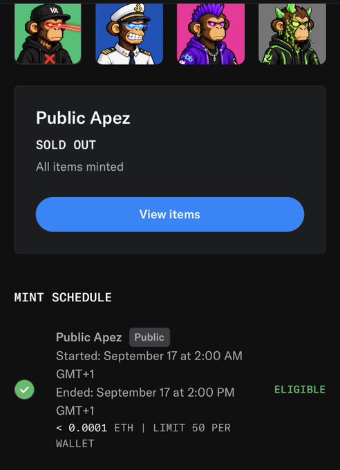 A sold-out Public Apez NFT mint page showing four character avatars at the top and mint schedule details indicating the public mint ran from September 17 at 2:00 AM to 2:00 PM GMT+1 at <0.0001 ETH with a 50 per wallet limit.