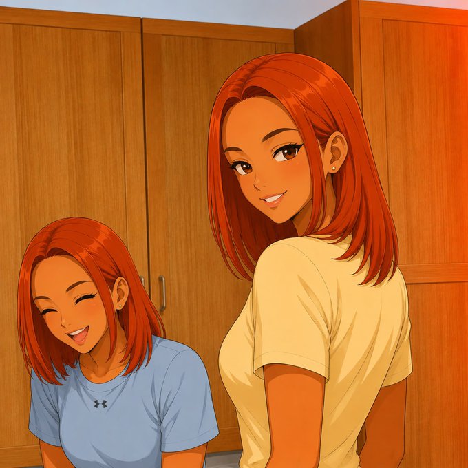 An anime-style illustration of two red-haired girls smiling in a room with wooden cabinets; one wears a yellow shirt and looks back at the viewer, while the other in a blue shirt laughs with closed eyes.