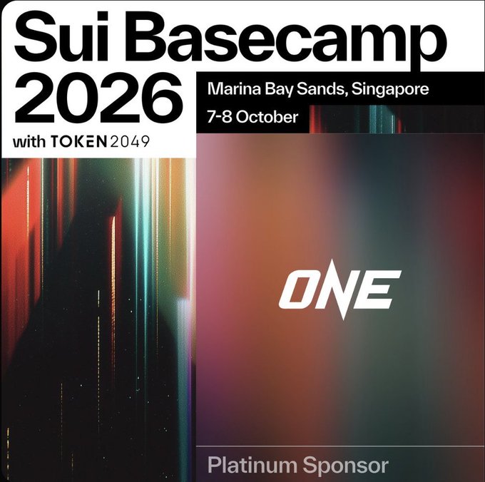 Promotional graphic for 'Sui Basecamp 2026' held at Marina Bay Sands, Singapore on 7-8 October, highlighting 'ONE' as a Platinum Sponsor.