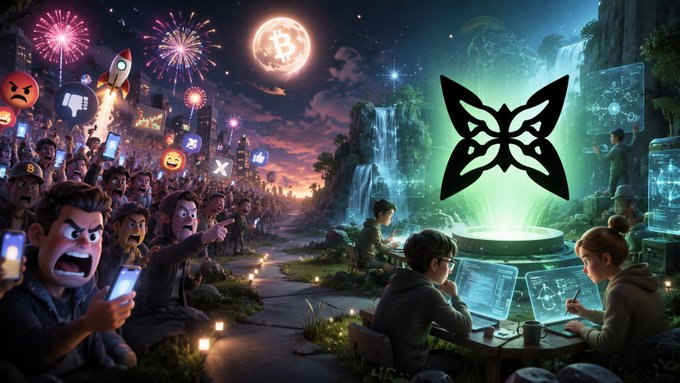 A stylized illustration depicting two contrasting scenes: angry social media users on phones with rocket emojis on the left, and developers working on tech projects near a glowing green butterfly logo on the right.