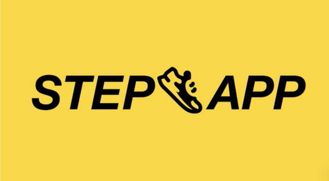 The image shows the "STEP APP" logo in black text against a bright yellow background, featuring a sneaker icon replacing the space between the two words, representing the Move-to-Earn project that is shutting down after four years of operations.