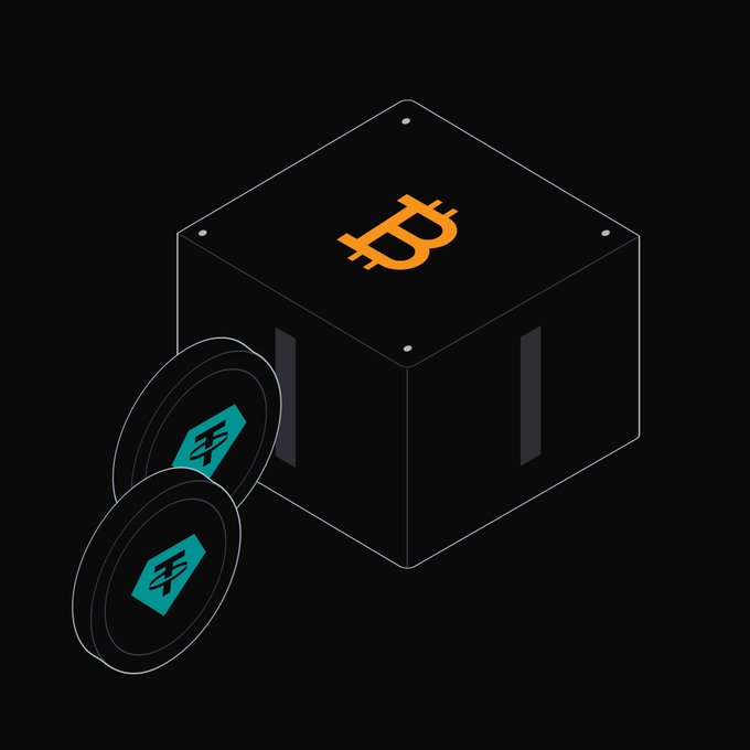 A 3D illustration of a black box with an orange Bitcoin logo on top, with two black coins featuring a teal lightning bolt design leaning against it.