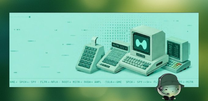 A stylized image features a retro computer setup bathed in green hues, with a character mascot in the corner. The display shows "NOSTR 272.8" alongside scrolling ticker text featuring terms like "GME," "SPCH," "SPY," "FLTR," "DFLX," "ROOT," "MSTR," "NVDA," "AAPL," and "TSLA," suggesting the giveaway is related to Nostr-based quote tools and meme stocks tied to HypeQuotronsNFT.