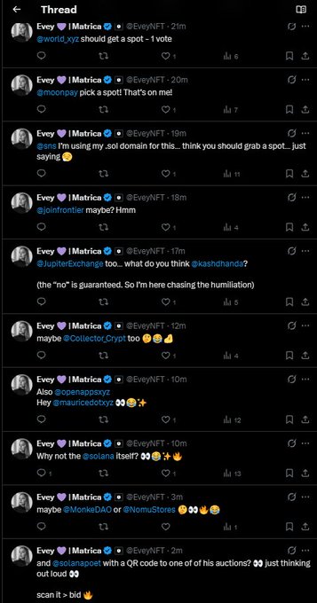 A Twitter/X thread by 'Evey 💜 Matrica' (@EveyNFT) shows a series of posts giving away a spot or voting privileges to various tagged users including @world_xyz, @moonpay, @sno, and others, with the conversation appearing to be about NFT auctions and giveaways.
