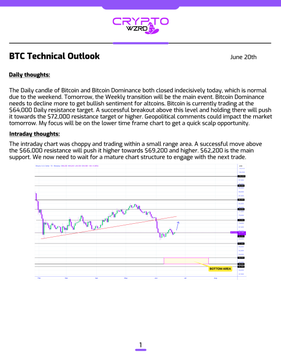 The image shows a page from a technical outlook document titled "BTC Technical Outlook" written by someone named "Wright". The document contains information about Bitcoin trading, including daily thoughts and analysis of Bitcoin's performance over time. It also provides insights into potential strategies for investing in Bitcoin based on the current trends observed in the market.