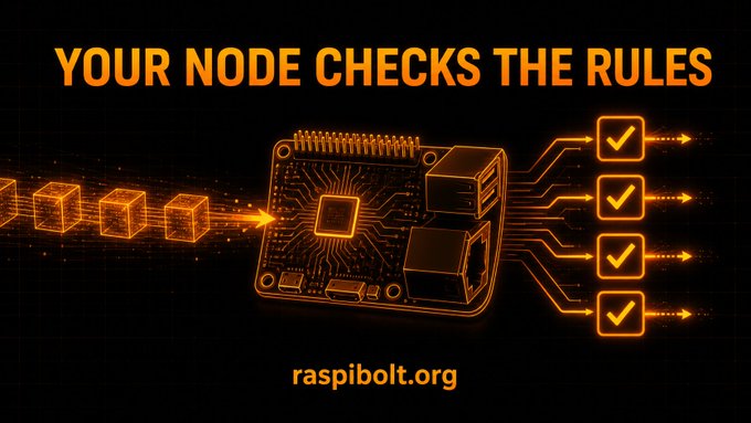 A 'raspibolt.org' banner reading 'YOUR NODE CHECKS THE RULES' showing a circuit board with checkmarks, referencing Bitcoin/Raspberry Pi node operation.