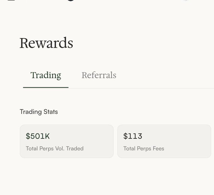 The image shows a "Rewards" dashboard with a "Trading" tab selected, displaying Trading Stats of $501K Total Perps Vol. Traded and $113 Total Perps Fees. The post celebrates reaching the halfway point of a 1 million volume target, which aligns with the $501K trading volume shown in the dashboard—exactly half of their 1 million goal achieved while only paying $113 in fees.
