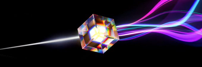A glowing crystalline prism splits a beam of white light into vibrant streams of pink, purple, and blue against a black background. The image visually mirrors the post's message about distilling the complex concept of GenLayer's intelligent contracts and LLM validators into a single, striking visual—much like how light is refracted into its purest, most captivating form.
