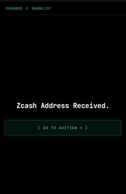 A dark screen displaying green terminal-style text reading "ZKSNARKS // SNARKLIST", "Zcash Address Received.", and a button labeled "[ GO TO AUCTION → ]".