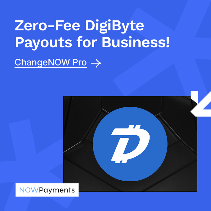An advertisement for 'Zero-Fee DigiByte Payouts for Business!' featuring the DigiByte logo and a ChangeNOW Pro link.