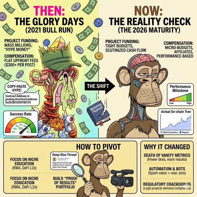 The image shows two cartoon monkeys with different colored hair, one wearing a green hat and the other wearing a pink hat. The monkey on the left has a sad expression while the one on the right appears happy. The background of the image features money falling from the sky, creating an atmosphere of financial distress or instability. The caption below the image reads: "It can feel incredibly frustrating to watch the market shift like this, especially when you look back at the glory days of 2021 when a single tweet or post could land you several hundred dollars."