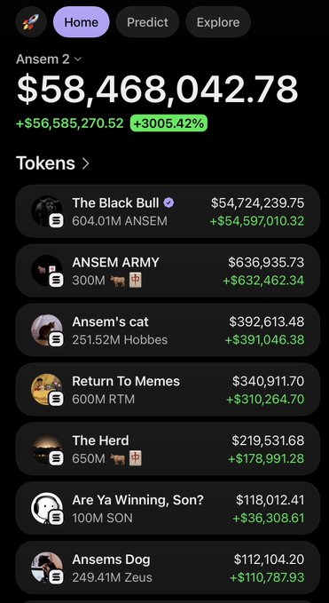 The image shows a portfolio tracker displaying "Ansems" holdings valued at $58,468,042.78, with a gain of +3005.42% ($56,585,270.52), featuring top tokens like "The Black Bull" ($54.7M), "ANSEM ARMY," "Ansem's cat," and others. This directly supports the post's claim about @blknoiz06 being on the verge of billionaire status from memecoin gains, with "The Black Bull" token alone accounting for nearly the entire portfolio value.