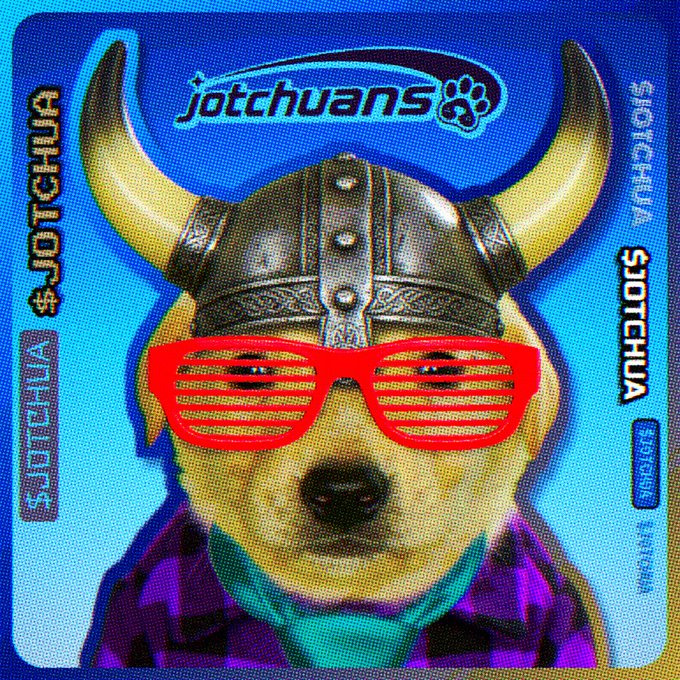 A vibrant pop-art style digital artwork of a dog wearing a Viking helmet and red shutter shades, branded 'Jotchuans' with 'SJOTCHUA' text on the sides.