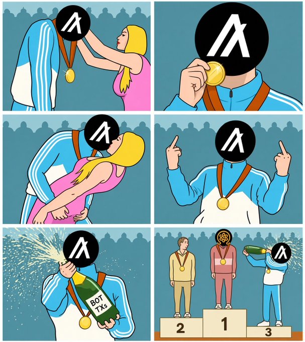 A six-panel cartoon featuring characters with 'A' logos for faces, depicting an Olympic medal ceremony where the champion sprays champagne labeled 'BOT TXs', with second and third place recipients.