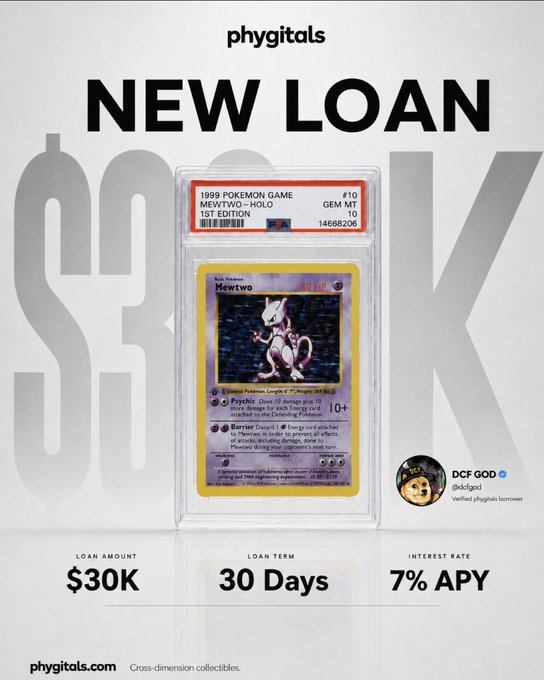 The image shows a Pokemon card worth $60K which was backed by a $30K on-chain loan from @Phygitals, a Pokémon collectible trading platform. The post is titled "New Loan New Pokémon Card" and highlights that there are 10 Pokémon cards available for purchase at this price. A collector offered a $7% APY return on investment if they decide to buy the card immediately. This offer is limited-time only as it expires in 7 days, and there will be no additional charges associated with this offer.