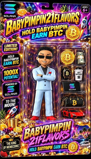 Colorful AI-generated toy packaging design for 'BABYPIMPIN21FLAVORS' cryptocurrency token, featuring a cartoon figure in a suit alongside props like a Bitcoin, laptop, car, and rockets.