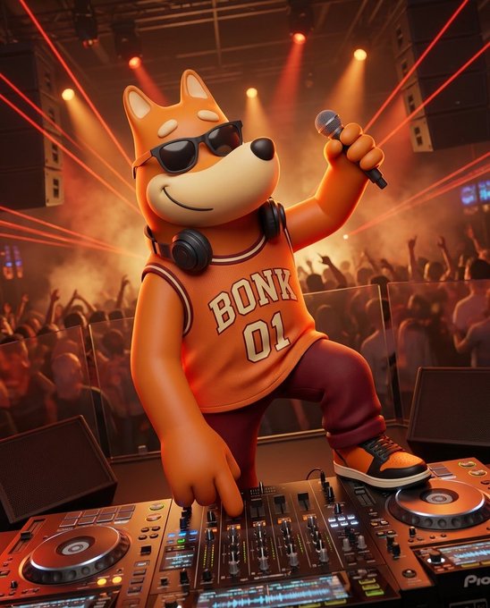 An anthropomorphic orange dog mascot wearing sunglasses and an orange "BONK 01" jersey commands a DJ booth, hyping up an energetic crowd with laser lights in the background. The image visually represents the BONK crypto project's vibrant, community-driven ethos, illustrating how the ecosystem empowers builders and embraces the launch, evolution, and occasional sunsetting of its products.