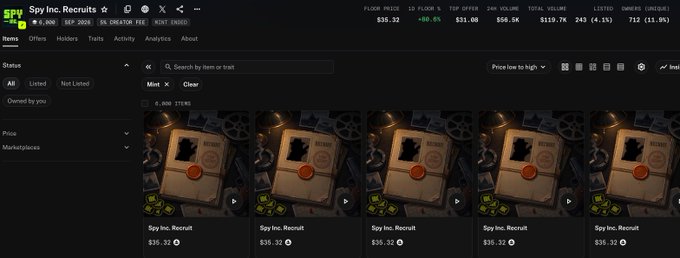 A screenshot of the Spy.Fun marketplace displays five "Spy Inc. Recruit" NFT items, each listed at $35.32 with a 5,000 SPY currency pricing visible. The interface shows a floor price of $35.32, with the user's note referencing the minting process and the item's recent value increase, which aligns with the marketplace listing showing a current value notably higher than typical minting prices.