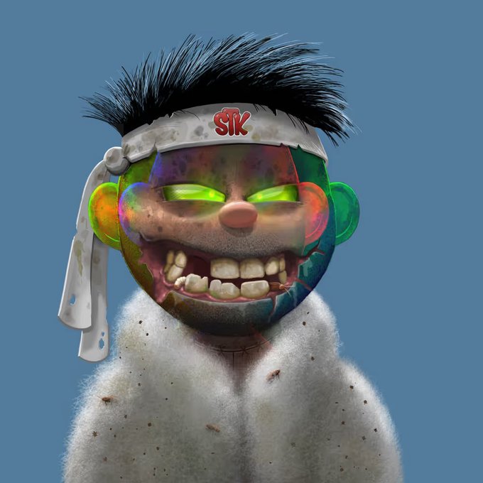 A grotesque, grinning NFT character with spiky black hair, a "SIX" headband, and a toothy smile wearing a stained fur coat is displayed against a blue background. The image serves as the quirky Genesis Bugz NFT artwork being referenced in the reputation-based leaderboard announcement for securing whitelist spots.