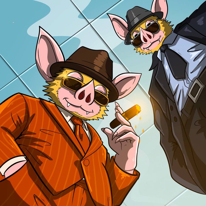 Two anthropomorphic pigs in fedoras, sunglasses, and suits—one in an orange pinstripe holding a cigar, the other in a dark trench coat—pose as mob boss caricatures, humorously embodying a shady "accelerate responsibly" ethos with cheeky, villainous grins.
